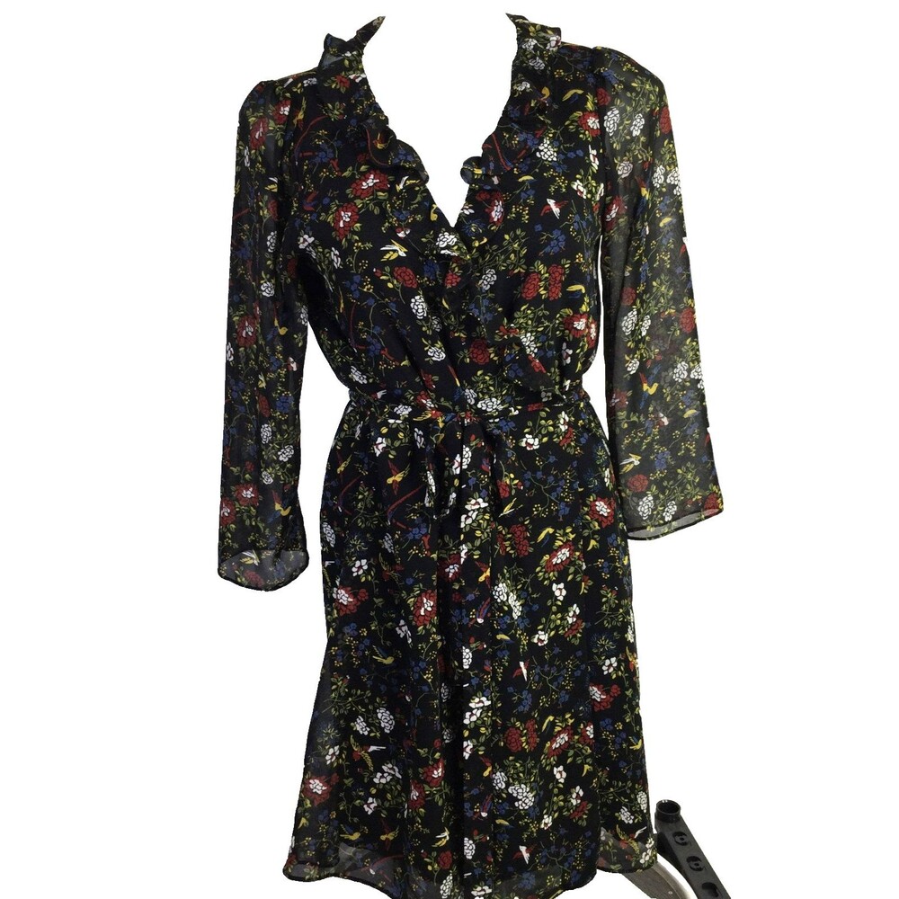 Madewell Womens Sheer Sleeve Ruffled Wrap Dress in Finch Floral Black Size Small